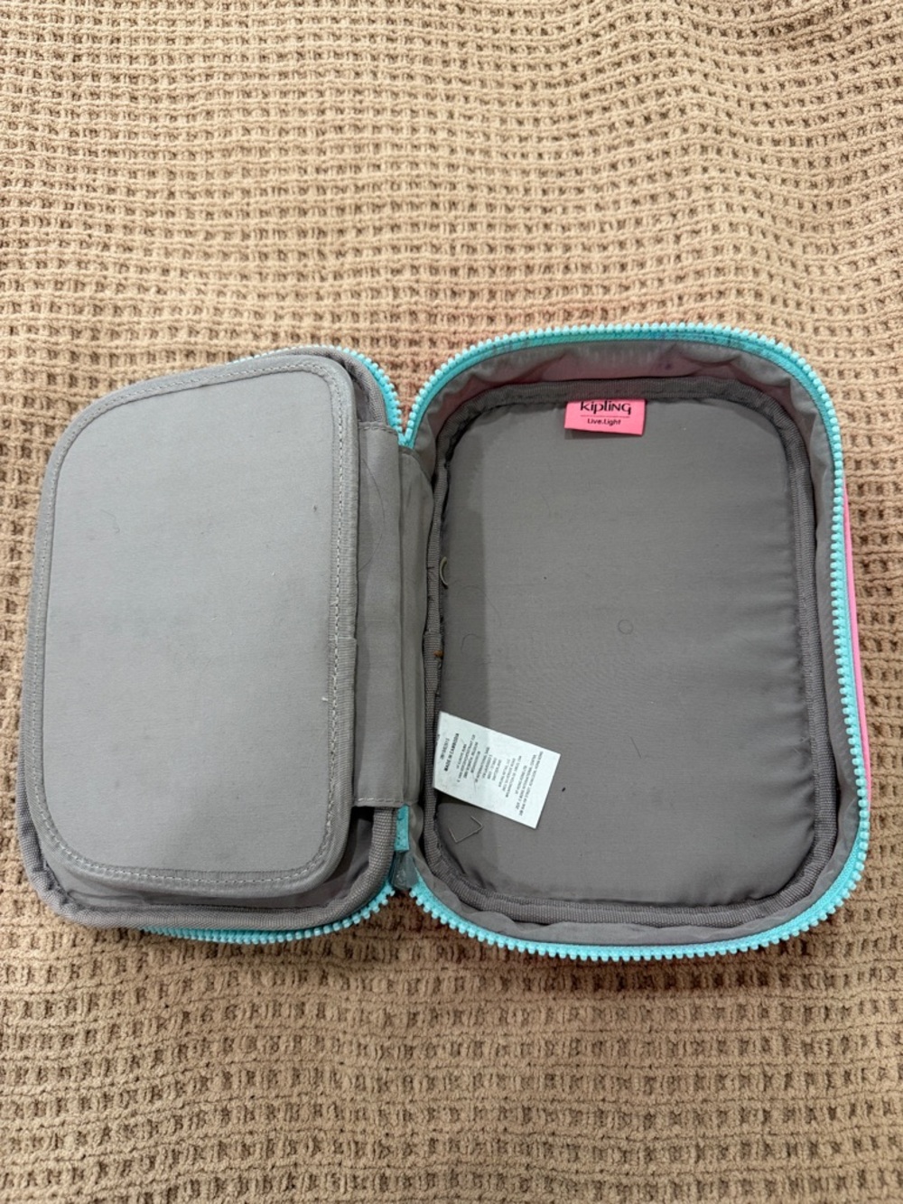 Kipling Pink Sketch Pencil Case with Aqua Trim and Pom-Pom Charm - Picture 4 of 6